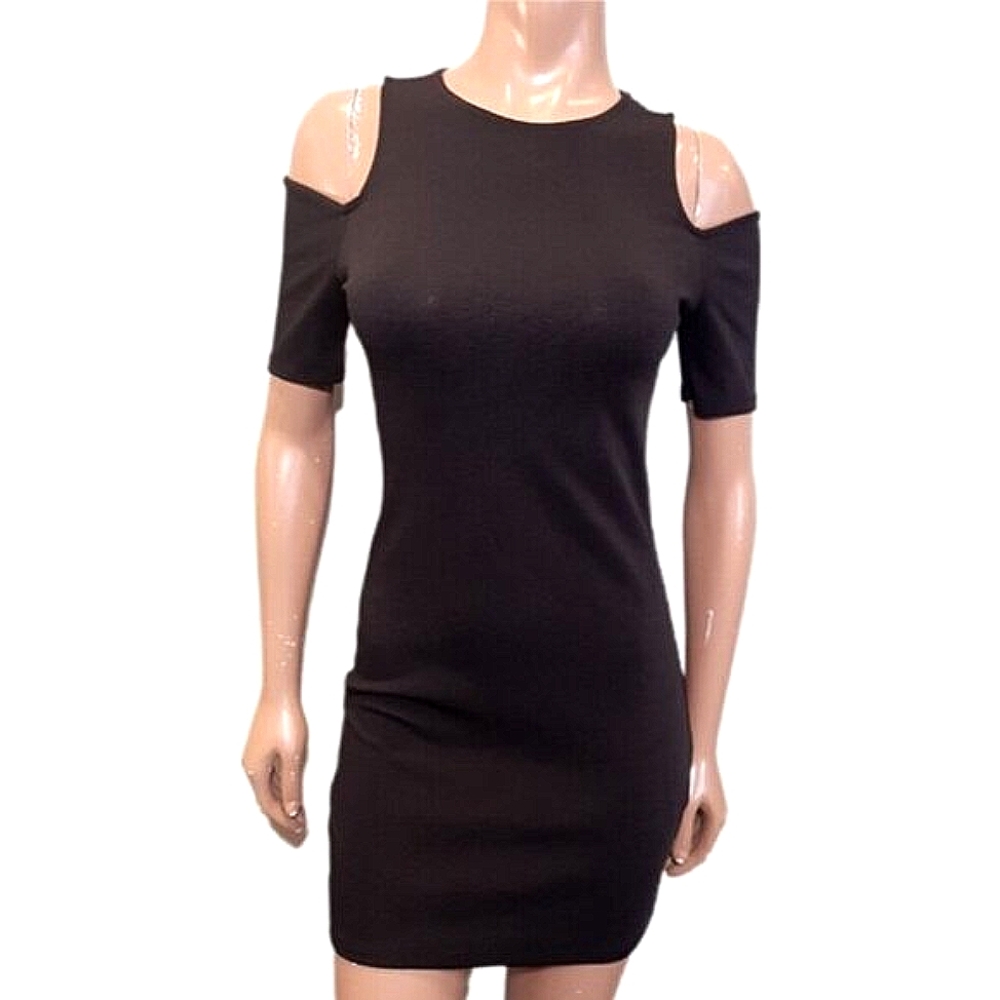 Divided H&M Cold Shoulder Mini Dress Short Sleeve Ribbed Bodycon LBD